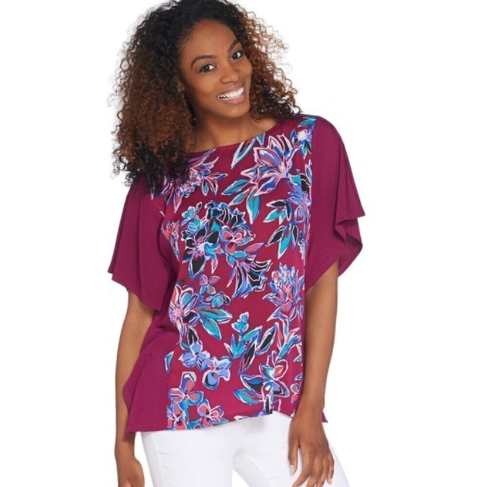 NWT Bob Mackie Painterly Floral Front Caftan Top | Size XS